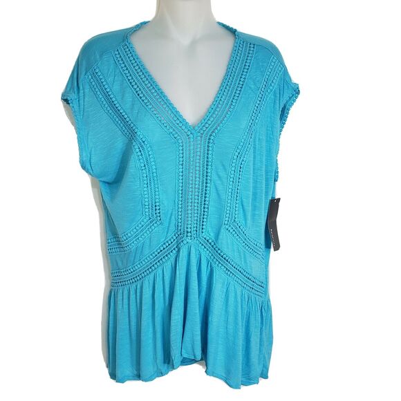 Relativity Womens Top Medium Teal V Neck Cap Sleeves High Low Peplum Crochet - Picture 1 of 10